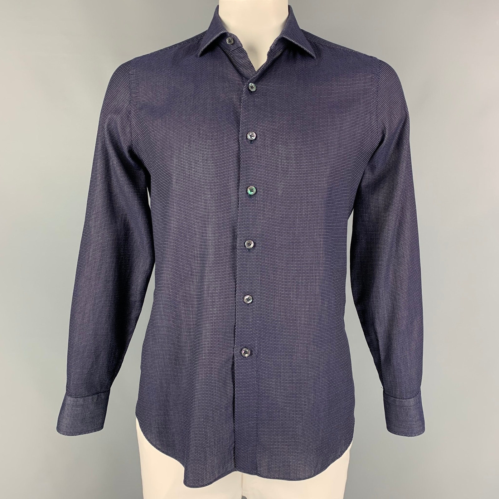 Finamore Size L Navy White Dots Cotton Button Up Long Sleeve Shirt